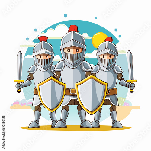 Valiant troop of cartoon knights in shining armor standing guard with swords and shields