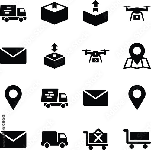 delivery, package, shipping, drone, mail, location, map, truck, parcel, logistics, transportation, courier, cart, shopping, cargo, post, express, freight, tracking, drop-off