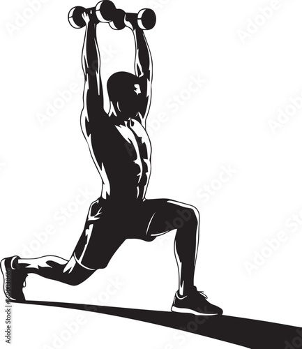 Silhouette of a muscular fitness athlete performing dumbbell lunges with intense strength