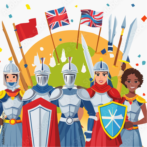 Inclusive team of multicultural knights in shining armor celebrating a victory, representing a modern United Kingdom
