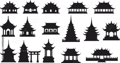 East Asian architecture silhouettes, pagodas, temples, gates, pavilions, traditional buildings, cultural heritage, historic landmarks, Asian design, roofline icons
