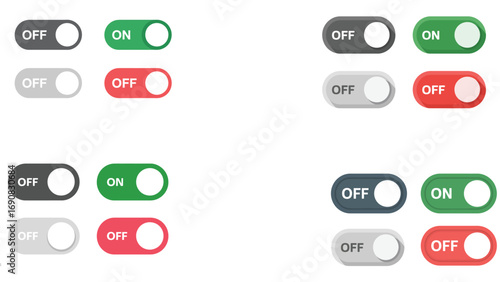 Vector illustration of on and off switch buttons in different colors for digital use