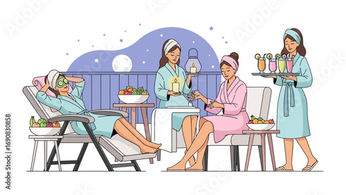 Four women enjoying a relaxing spa day with face masks manicures and refreshing drinks on a balcony at night