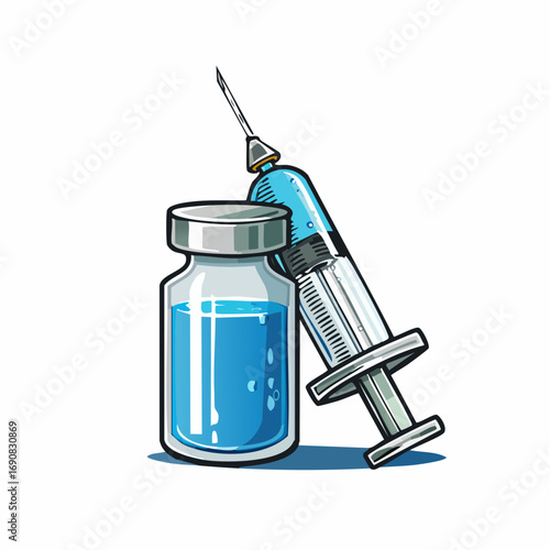 A medical syringe and vial filled with blue liquid, symbolizing vaccination and healthcare solutions