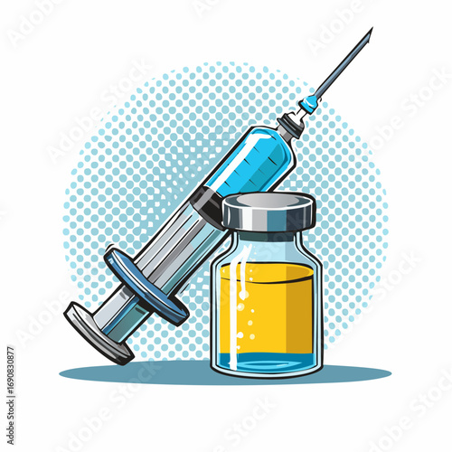 Vaccination Illustration Syringe and Vaccine Bottle for Medical and Healthcare Concepts
