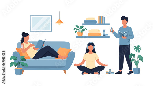 Diverse group of people enjoying relaxing activities at home including reading on the couch meditating and tending to plants