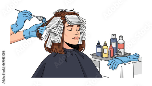 Close up of a woman receiving professional hair coloring treatment with foils and dye application in a salon setting with styling products nearby