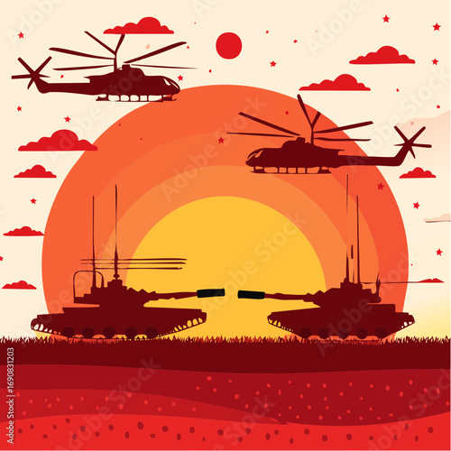 Military Helicopters and Tanks Silhouetted Against a Dramatic Sunset, Evoking Themes of Conflict and Power