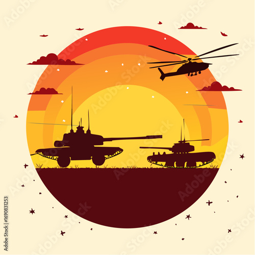 Silhouette of Tanks and Helicopter Against a Vibrant Sunset