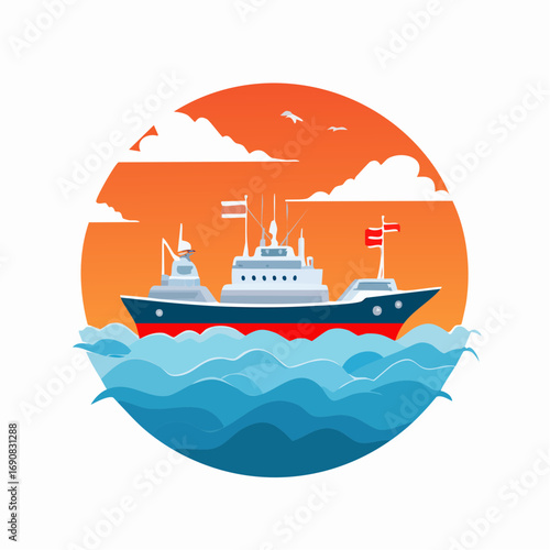 Crimson Horizon Voyage A Vector Illustration of a Ship Sailing on Wavy Waters