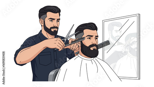 Skilled barber with beard meticulously trimming a client s beard with scissors and comb in a modern salon setting reflected in mirror