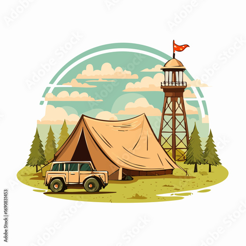 Outdoor adventure and camping scene featuring a base camp with an off-road car and a lookout tower in a natural park setting