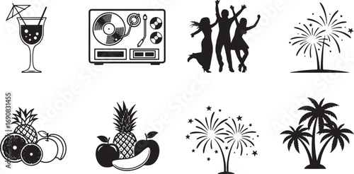 Collection of party and celebration icons featuring drinks, music, people, fireworks, fruits, and palm trees