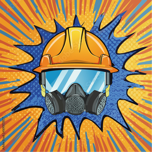 Dynamic retro comic book illustration emphasizing the power of protection with a safety helmet, goggles, and respirator mask