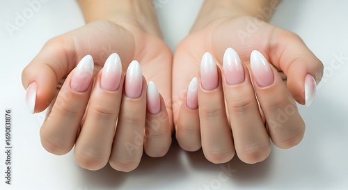 Perfectly Manicured Female Hands Showcasing Elegant French Ombre Almond Nails.