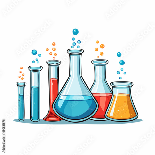 Colorful Chemical Laboratory Glassware Illustrative depiction of beakers, flasks, and test tubes