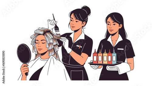 Skilled hairstylists meticulously coloring and styling a client s hair with professional products in a modern salon setting