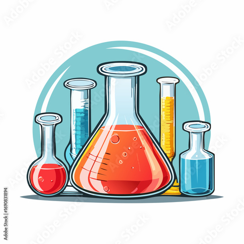 A vibrant illustration of various laboratory beakers and flasks filled with colorful liquids, symbolizing science and research