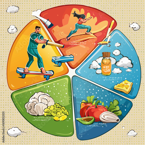 Colorful infographic illustrating diverse activities and elements related to healthy living and wellness