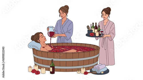 Woman enjoys a relaxing red wine bath spa treatment with two attendants pouring wine and serving drinks