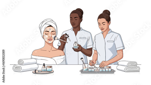Diverse beauty professionals in white uniforms providing skincare treatments and applying serums to a woman with a towel wrapped around her head