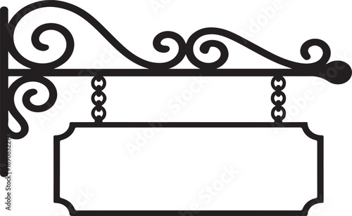 Ornate hanging sign bracket with empty rectangular plaque wrought iron black