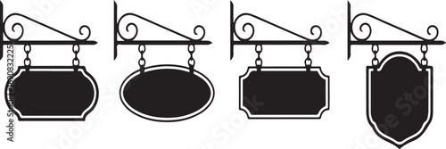 Ornate hanging signs with decorative scrollwork vector