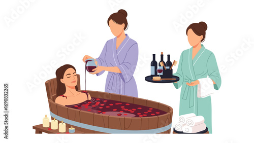 Woman relaxing in a luxurious wooden bathtub filled with rose petals and wine served by attendants with wine bottles and towels