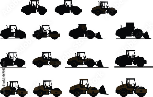 Construction machinery silhouettes set, road rollers and wheel loaders, heavy equipment vector, asphalt compactor collection, industrial vehicles, civil engineering, infrastructure