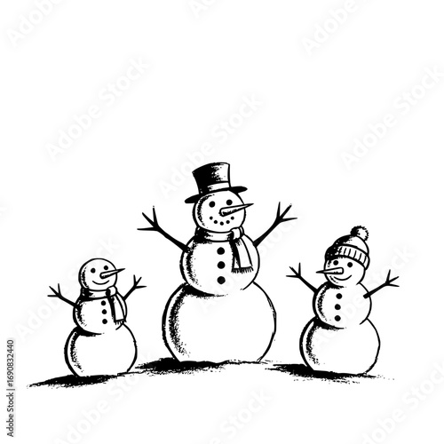 Three adorable snowmen stand together in a heartwarming illustration, showcasing the simple joy and magic of winter. A celebration of cold-weather fun and the spirit of togetherness.