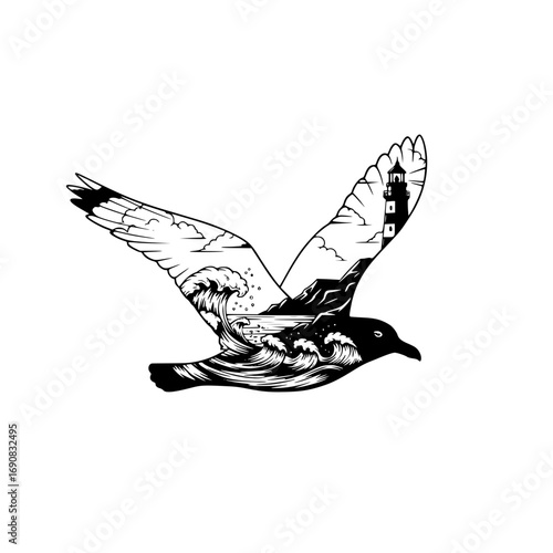 A majestic seagull, its wings spread wide, soars through the air, carrying within its form a coastal scene. This evocative illustration portrays a lighthouse, waves, and mountainous terrain.