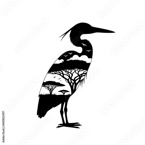 A captivating artwork silhouette of a heron gracefully frames the evocative essence of an African savanna landscape, rendered in a stylish black-and-white composition.
