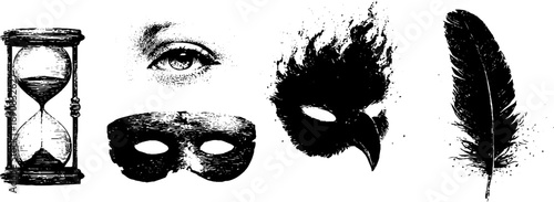 Grunge black and white hourglass, mask, eye, feather, and bird mask illustration set for vintage design