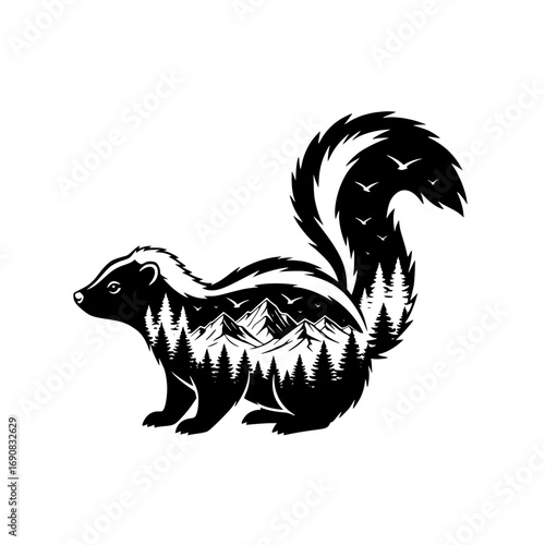 A charming skunk illustration showcasing an idyllic scene of nature. Inside the skunk's silhouette are a forest, mountains, and birds, symbolizing harmony between wildlife and nature. 