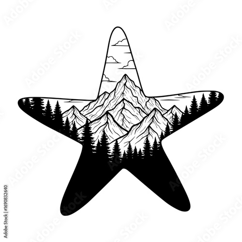 A creatively rendered black and white illustration showcases a mountainous landscape within the silhouette of a starfish. vector illustration