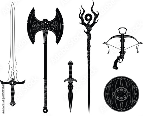Fantasy weapon silhouettes, sword, axe, dagger, magic staff, crossbow, shield, medieval arms, RPG gear, battle icons, warrior equipment