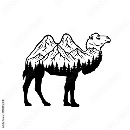 An artistic illustration seamlessly merges the rugged landscape with the silhouette of a camel, harmonizing the wild spirit of nature with the endurance of the desert traveler.