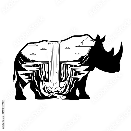 A majestic rhinoceros silhouetted against a breathtaking waterfall and scenic landscape, A striking illustration of nature's beauty. vector illustration