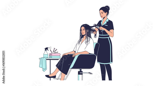 Professional hairstylist carefully styling a client s long dark hair with a brush and comb in a bright salon setting