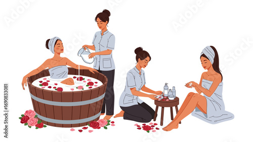 Relaxing spa scene with women enjoying a milk bath and receiving treatments with rose petals and serene atmosphere