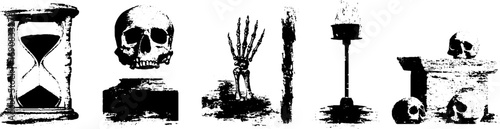 Grunge black and white set: hourglass, skull, hand, torch for halloween design