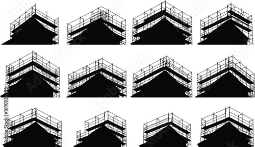 Scaffolding silhouette set construction safety platform vector black building structure framework illustration support system industrial site temporary work platform steel tower equipment
