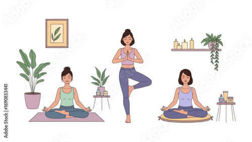 Three diverse women practicing yoga in a serene home setting with plants and calming decor promoting wellness and mindfulness