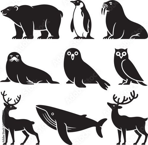 Black silhouettes of arctic and antarctic animals on white background Keywords: polar bear, penguin