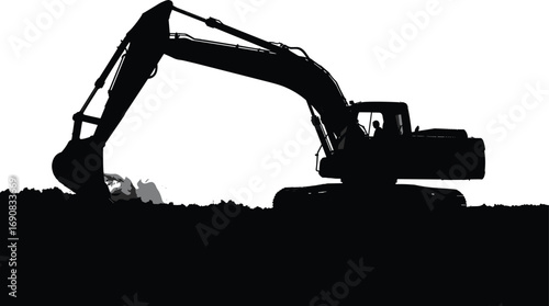 Excavator digging silhouette heavy construction machine working earth soil black vector illustration industrial site machinery operator cab digging ground equipment