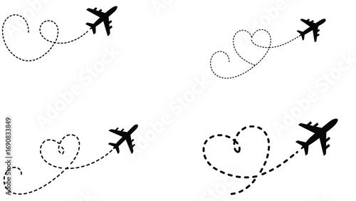 Vector illustration of airplane icons with dotted heart line shapes showing travel and love concept