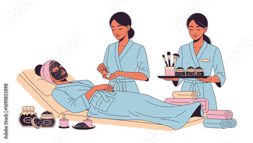 Two smiling women in spa robes attend to a woman lying on a massage table receiving a facial treatment with beauty products