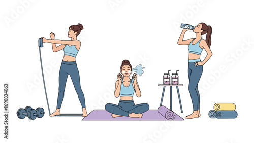 Three active women engaged in diverse fitness activities including strength training yoga and cardio exercises at home