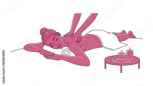 Relaxing spa massage therapy session with a person receiving a therapeutic back rub and enjoying refreshing drinks on a small table