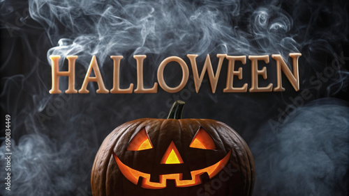 Scary jack o’ lantern with glowing grin and smoke swirling around, forming word Halloween above it, creates spooky atmosphere perfect for holiday